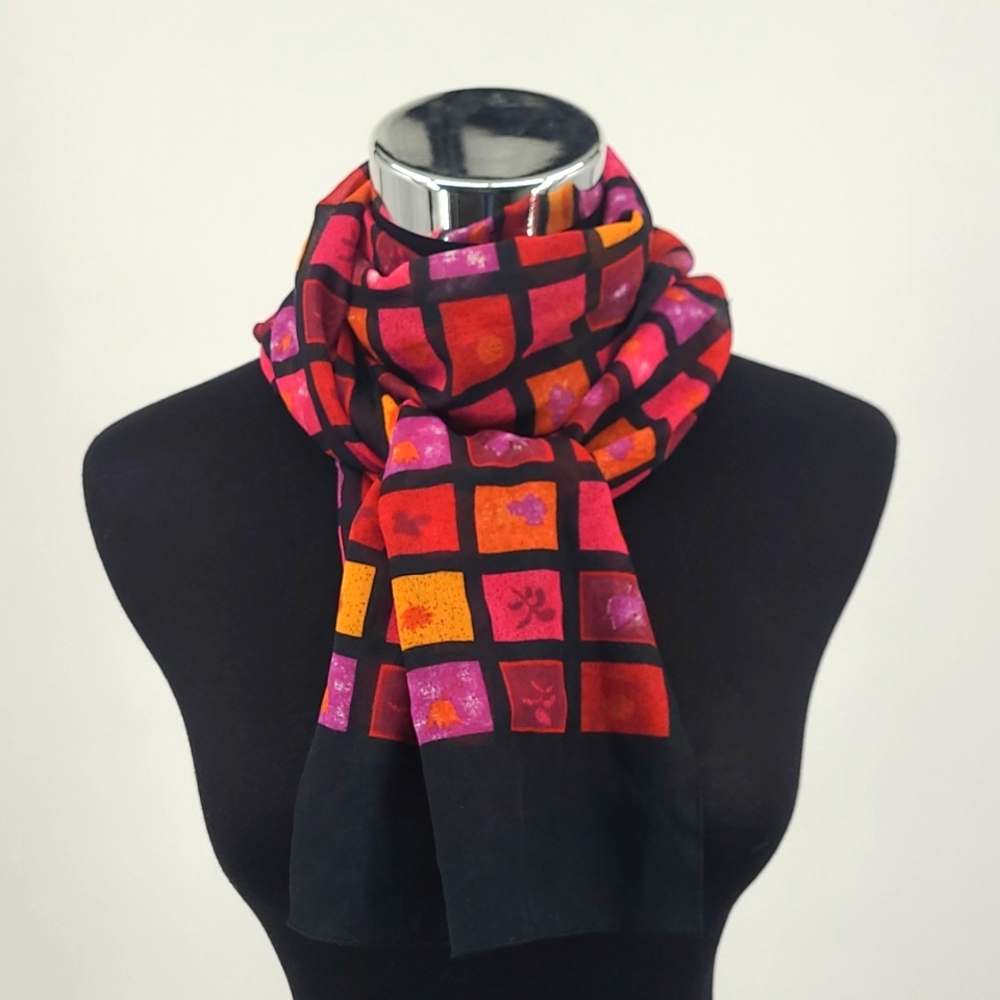 Made in Italy Geometric Floral Grid Scarf Red Pink Orange Black Sheer Rectangle